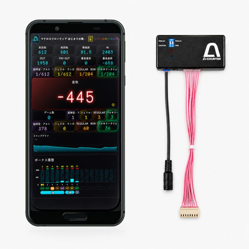 A-COUNTER X 端末セット。付属のAndroid端末 AQUOS sense3 に A-COUNTER X を表示した状態と、通信アンテナ本体・接続ハーネス